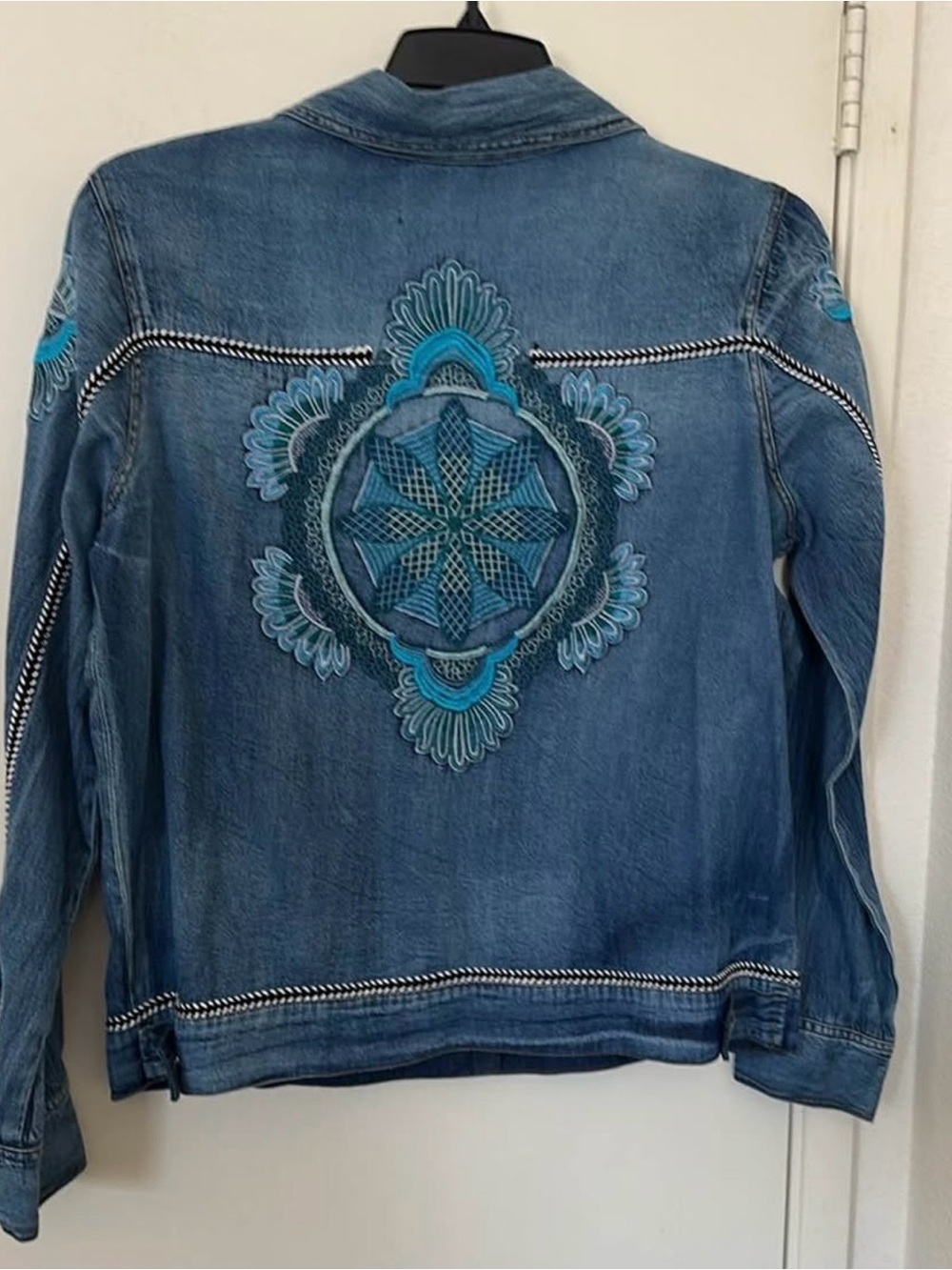 Women's Blue Embroidered Denim Jacket with Turquoise Accents